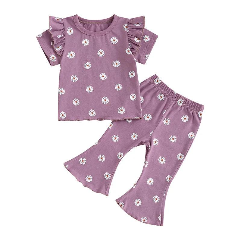 Toddler Kids Girl 2Pcs Summer Outfit Ruffle Short Sleeve Floral Flowers Print Top + Bell Bottom Pants Set Clothes