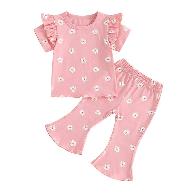 Toddler Kids Girl 2Pcs Summer Outfit Ruffle Short Sleeve Floral Flowers Print Top + Bell Bottom Pants Set Clothes